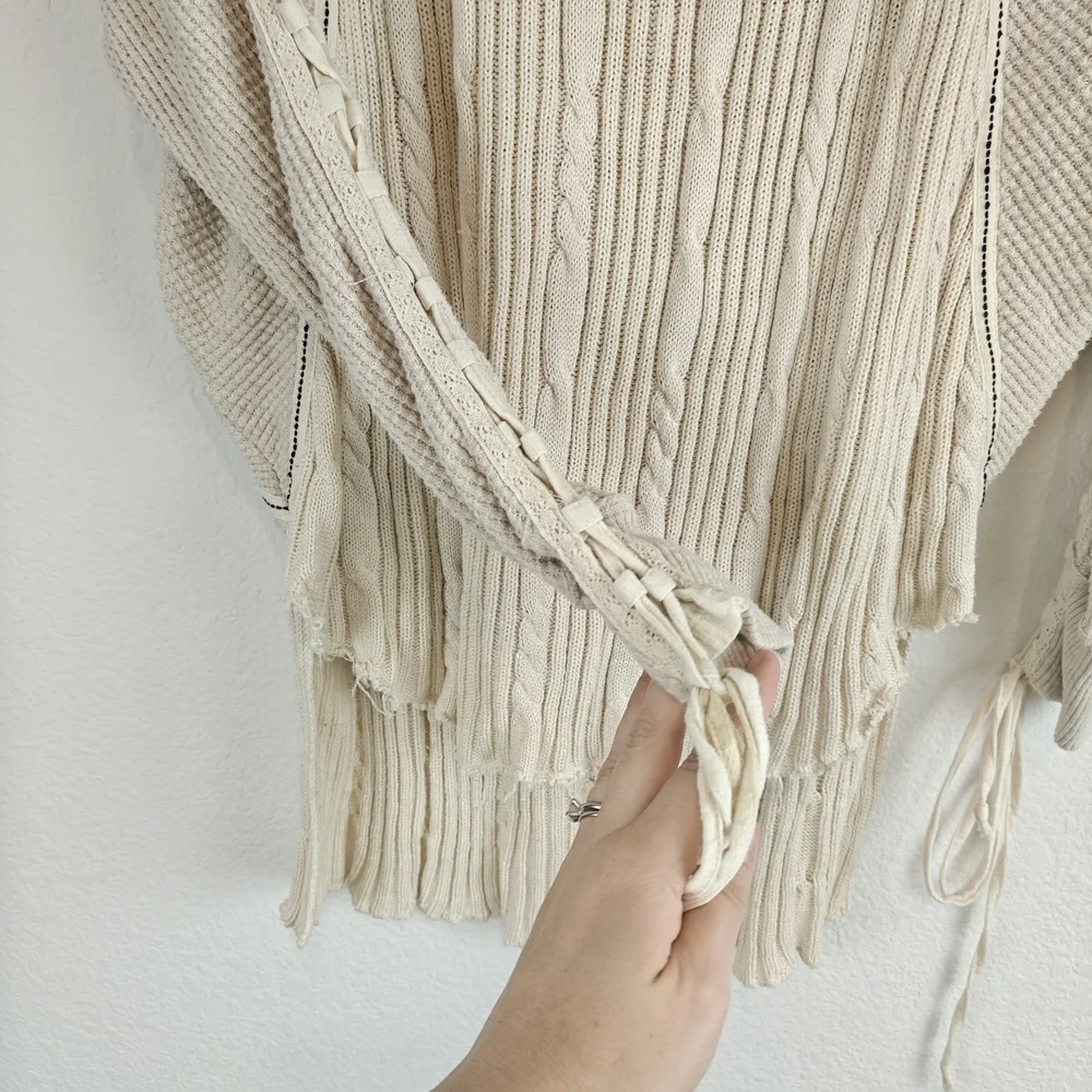 Free People New Romantics Lace-Up Sleeve High Low Boho Knit Thermal Top S